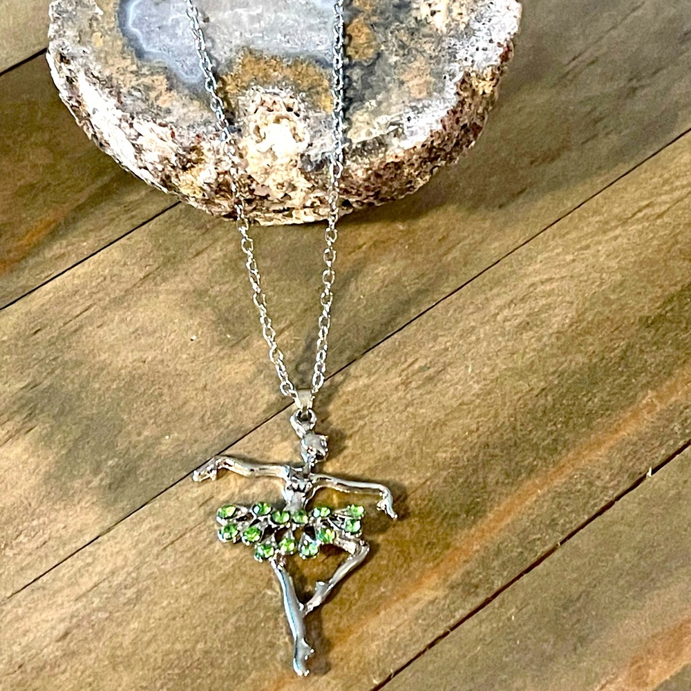 Ballet Dancer, Dancing Emerald Color Gemstones Necklace Silver Plated Ballerina - Picture 6 of 12